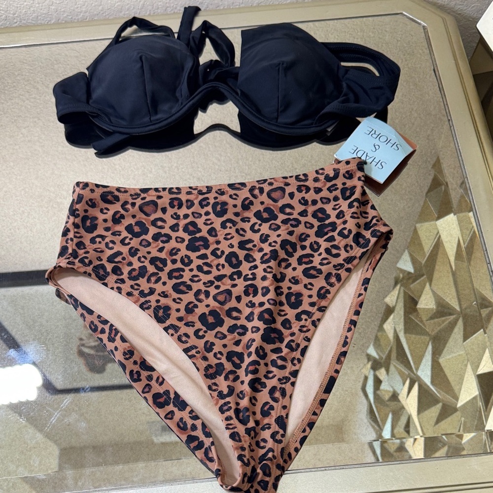 Shade & Shore Black Top with Leopard Print Bikini Bottom and‎ m black top